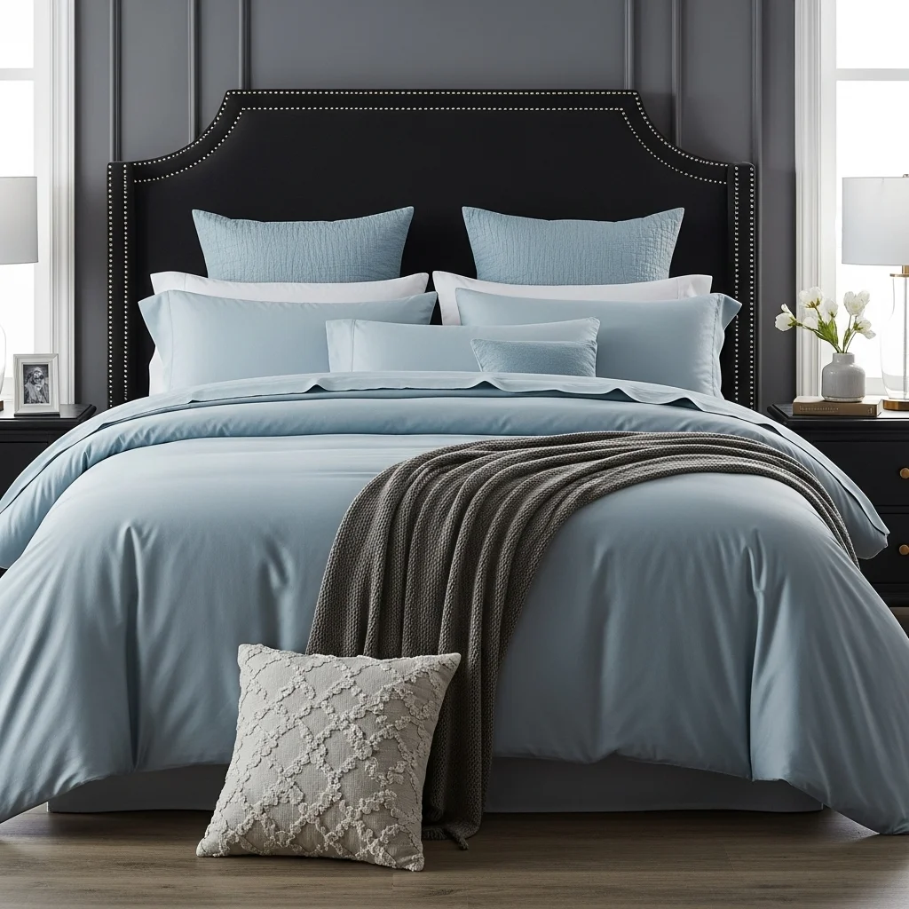 Add Soft Blue Bedding With a Black Headboard