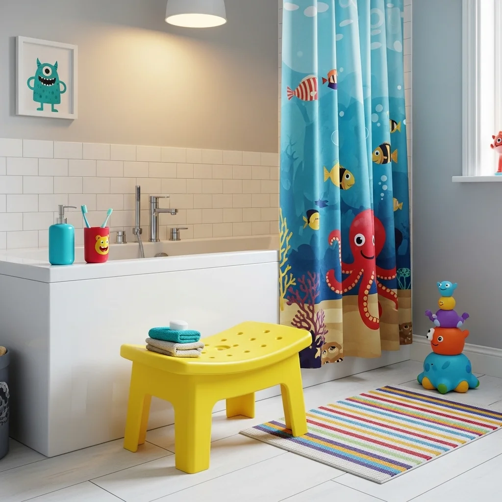  Add a Bright-Colored Bath Stool or Bench