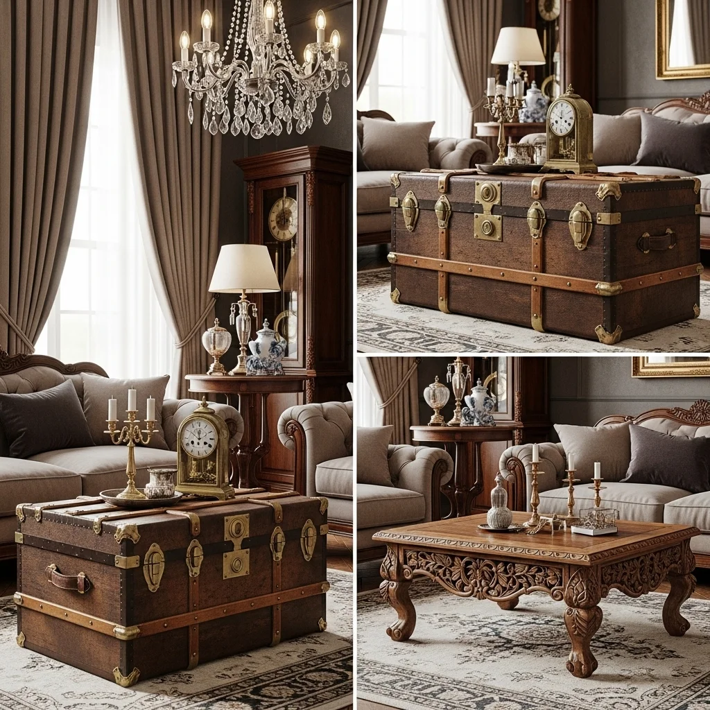 Add an Antique Trunk or Carved Coffee Table
