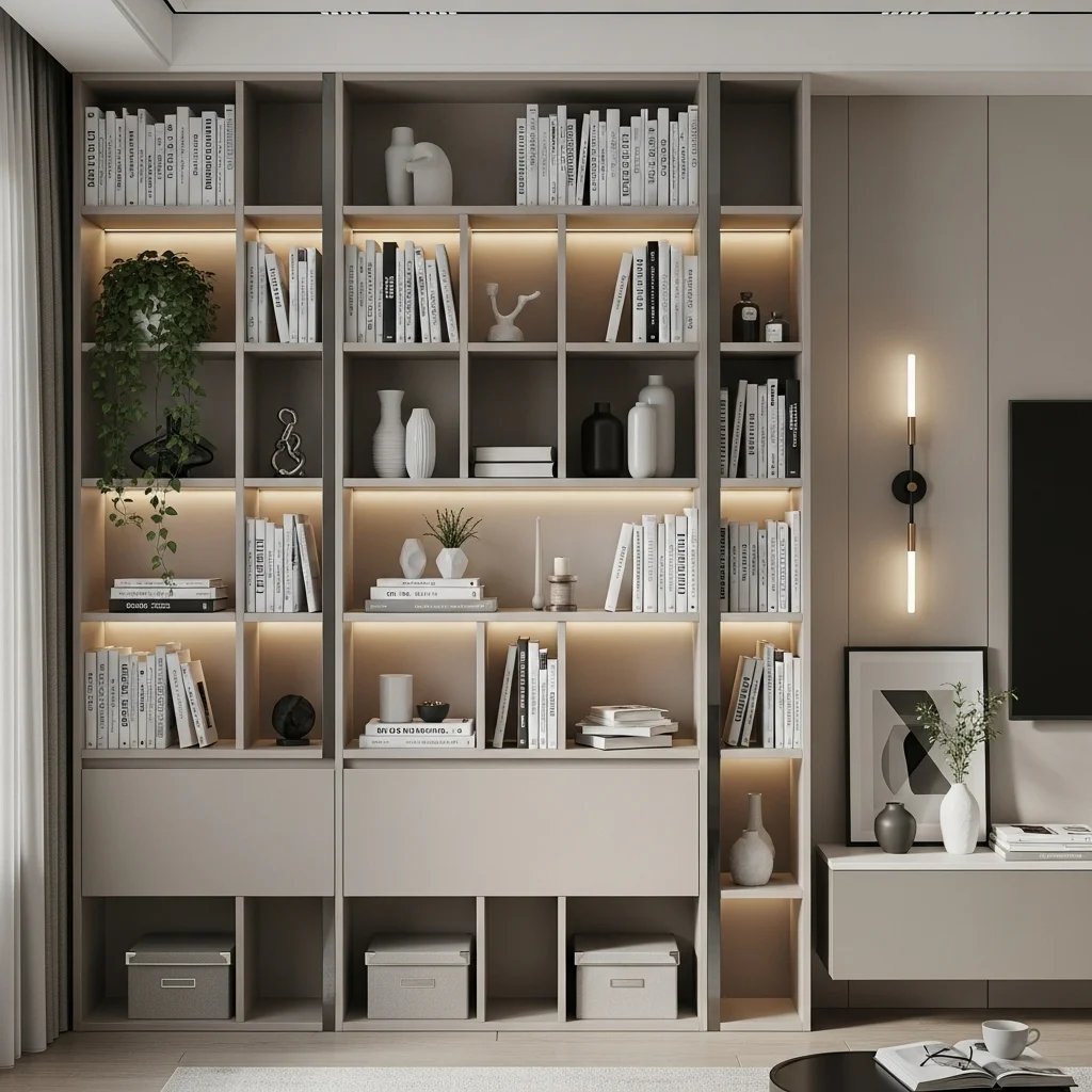 Beige and Gray Bookshelves