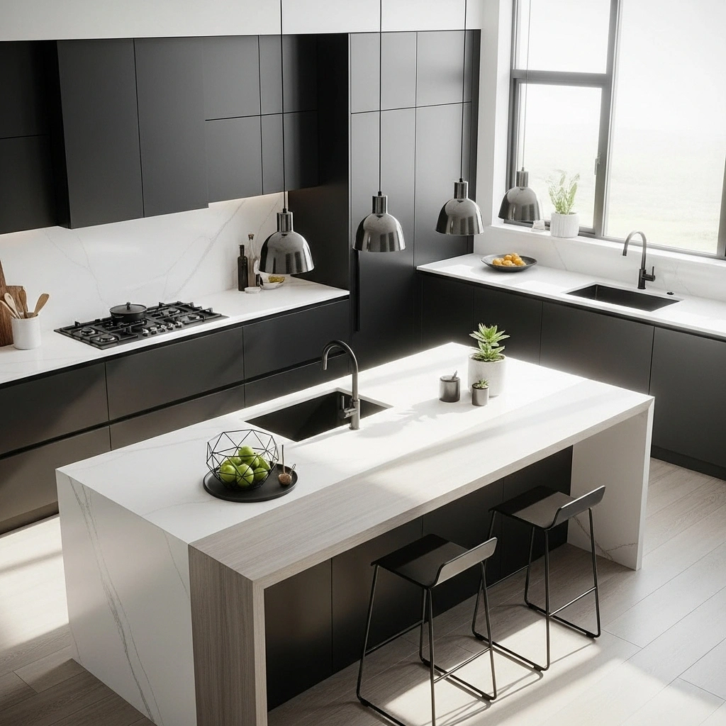  Black Cabinets and White Waterfall Island