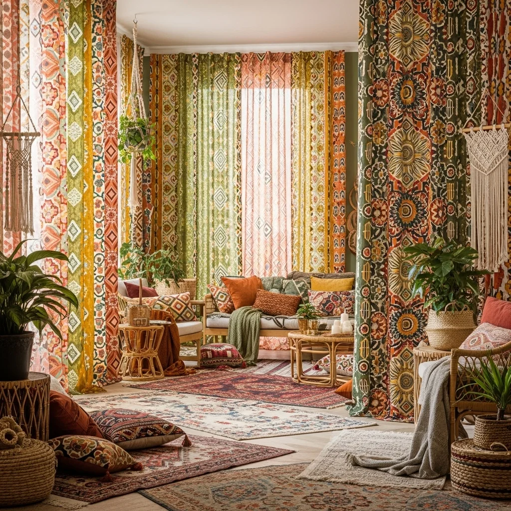 . Bold Printed Curtains with Earthy Tones