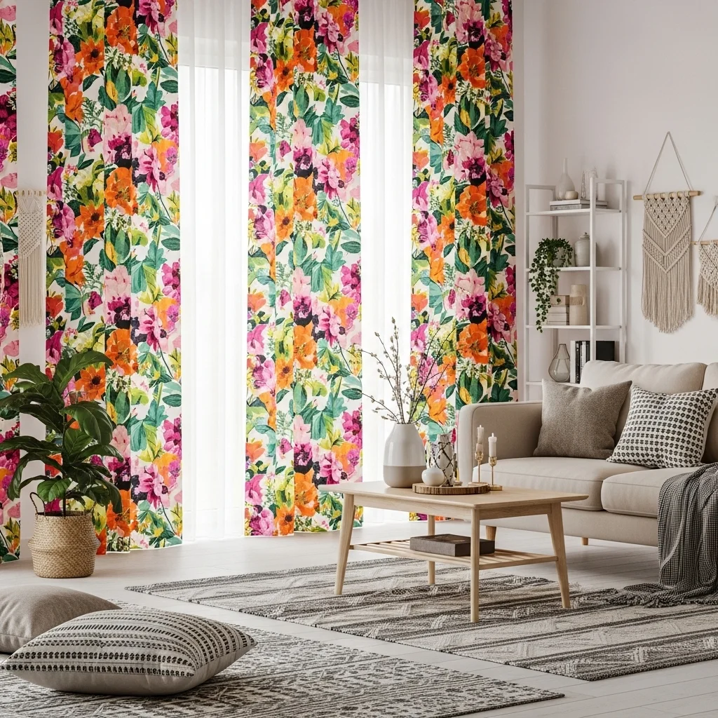 Bright Floral Curtains with Minimalist Furniture