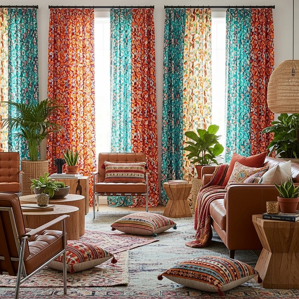  Bright Patterned Curtains with Leather Furniture