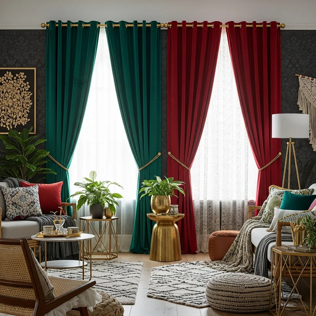  Bright Velvet Curtains with Gold Accents