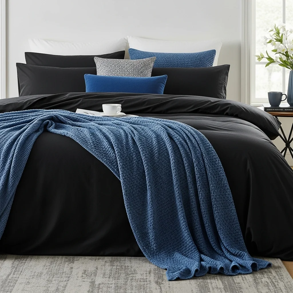 Choose Black Bedding With Blue Throws for Contrast