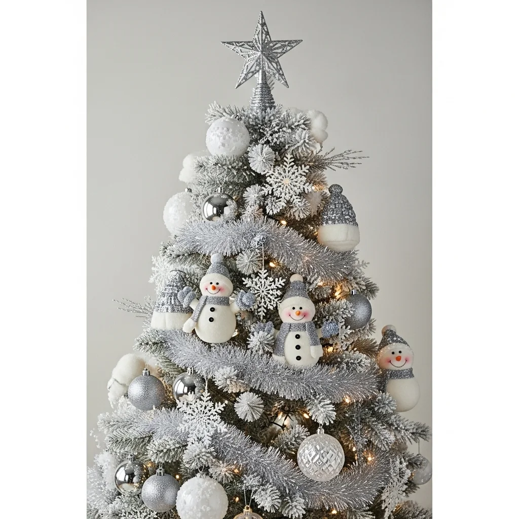 Classic Snowman Tree with White and Silver Ornaments