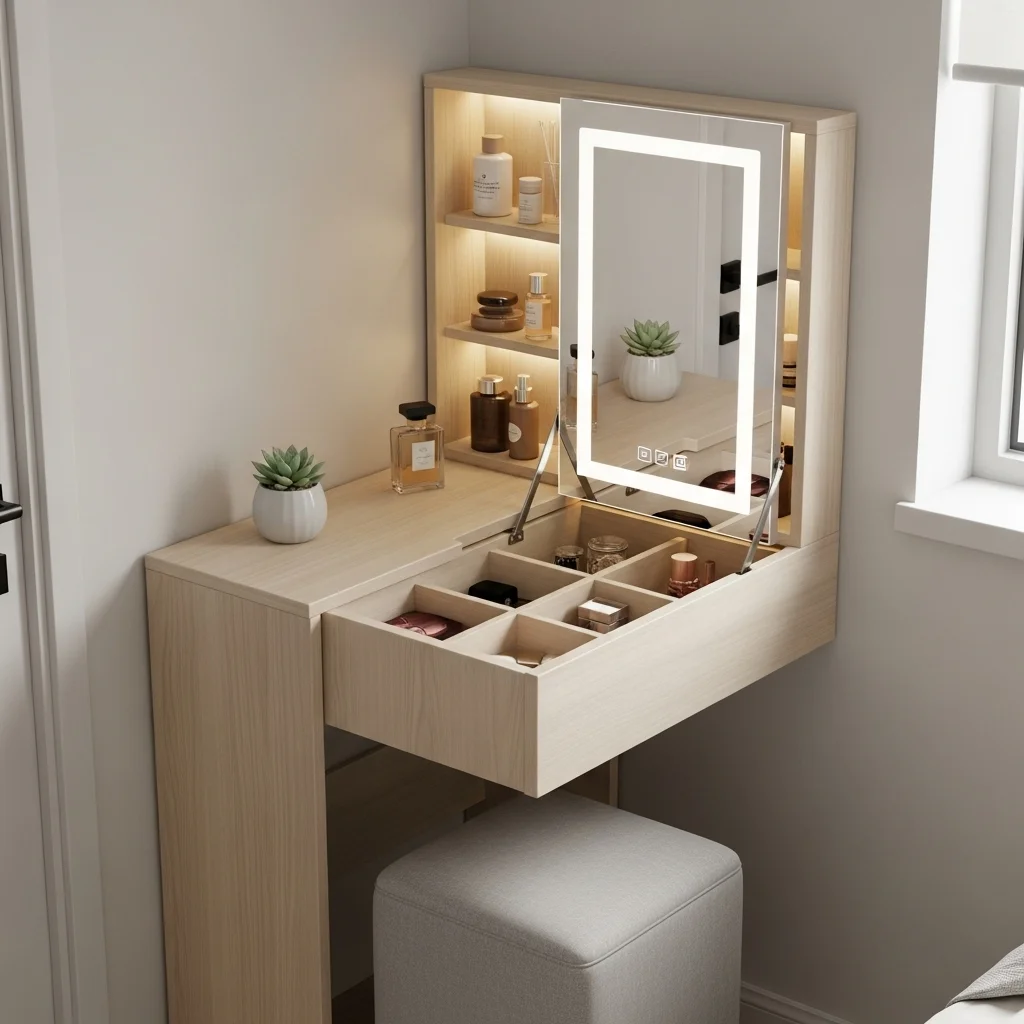 Compact Vanity with Foldable Mirror