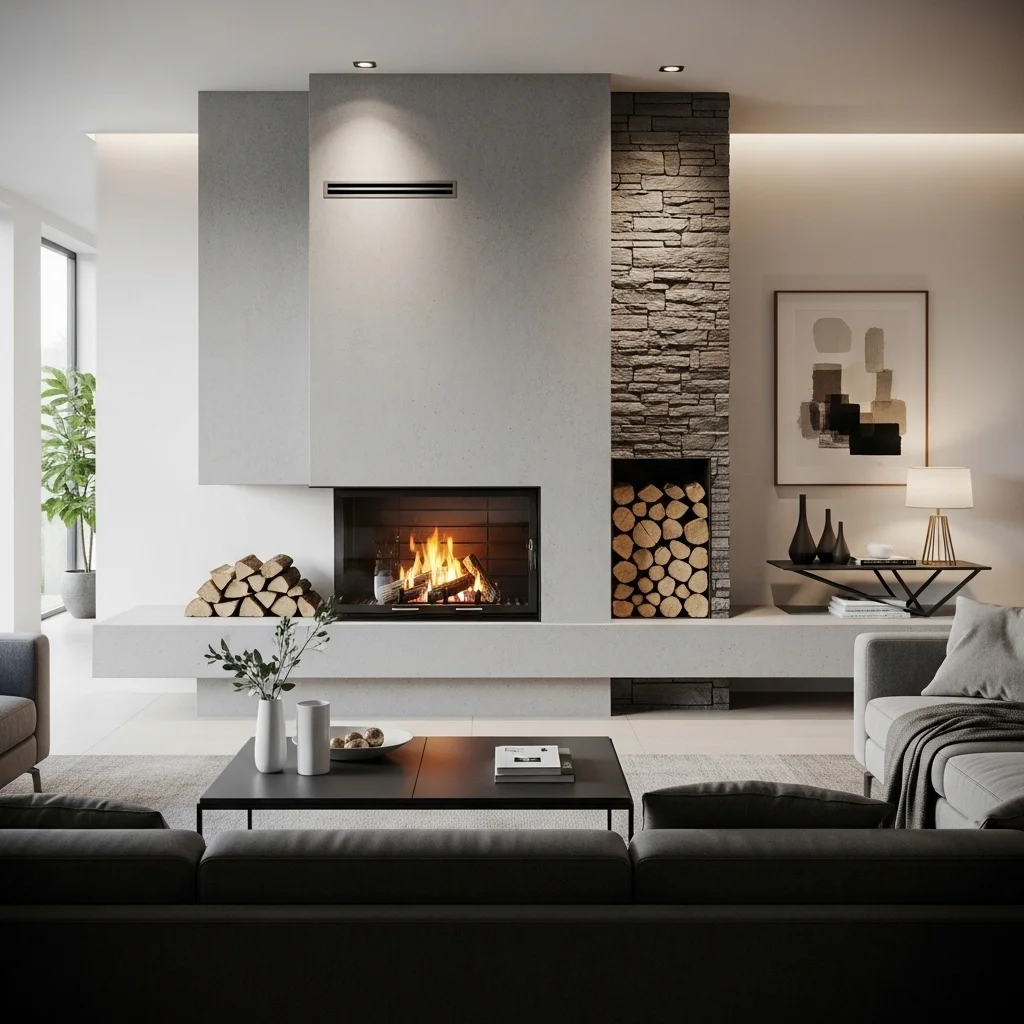  Contemporary Concrete and Stone Fireplace