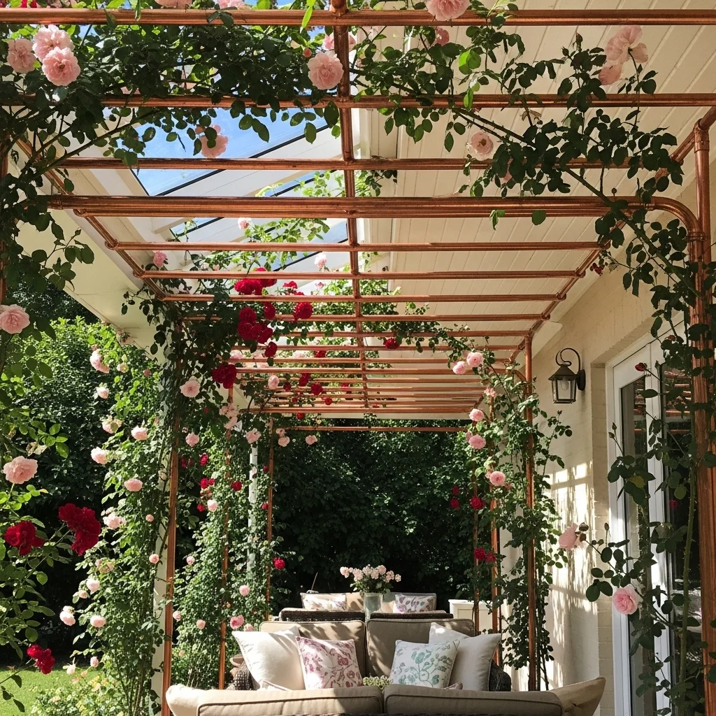 Copper-Pipe Trellis with Climbing Roses