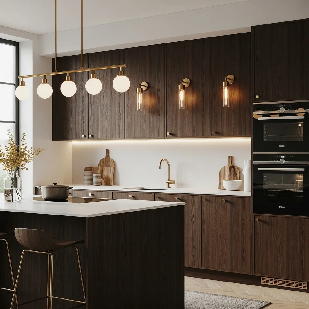 Dark Wood Cabinets with Brass or Gold Lighting Fixtures