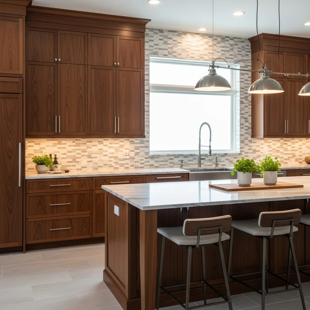  Dark Wood Cabinets with Herringbone Backsplash