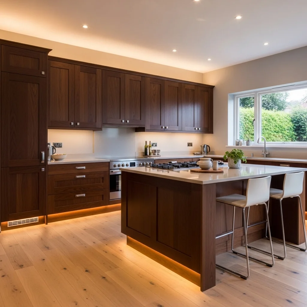  Dark Wood Cabinets with Light Wood Flooring for Contrast