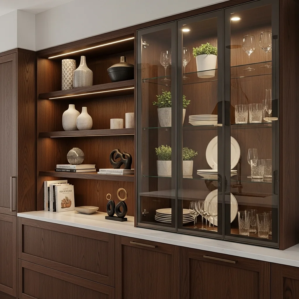  Dark Wood Cabinets with Open Shelving & Glass-Front Sections