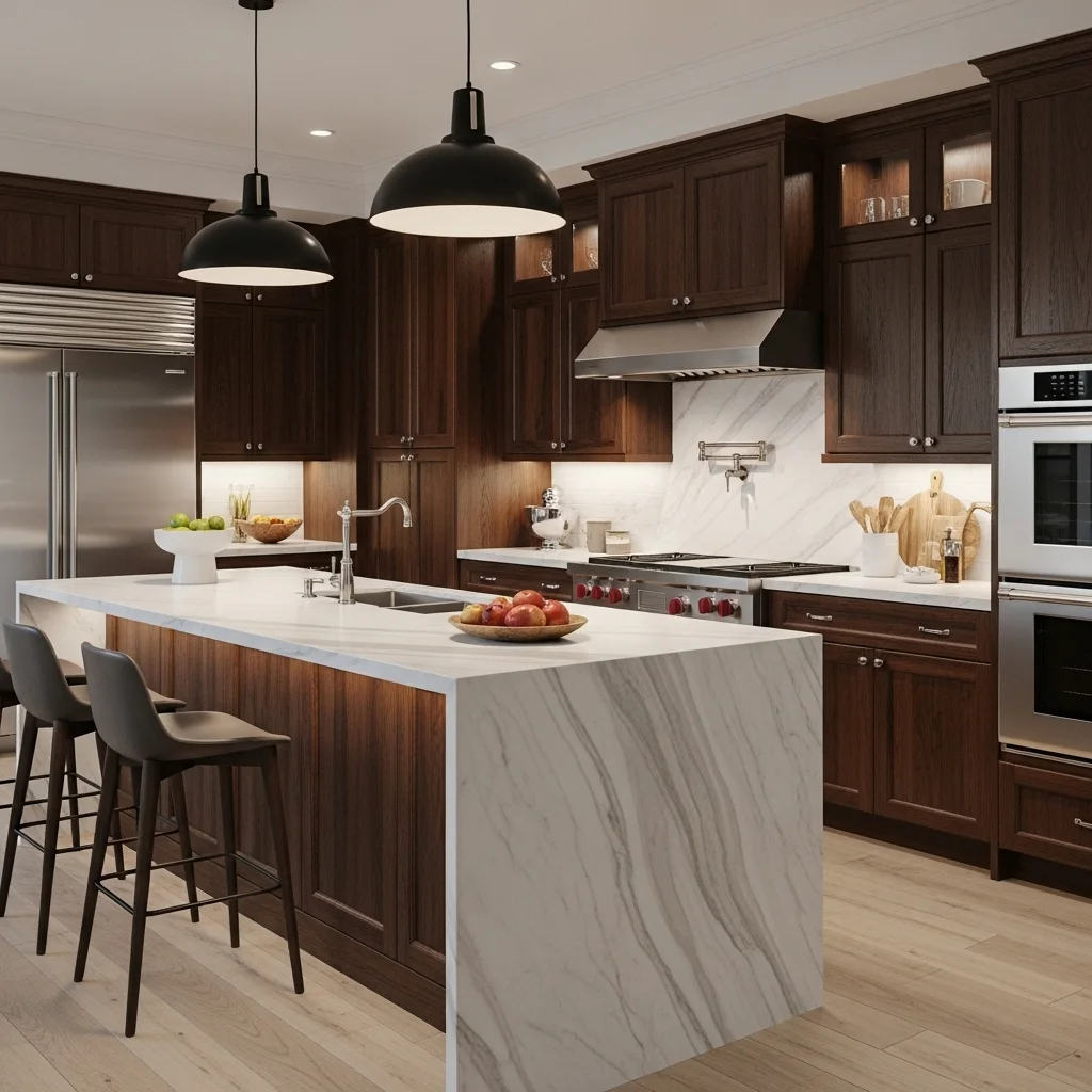Dark Wood Cabinets with a Waterfall Island