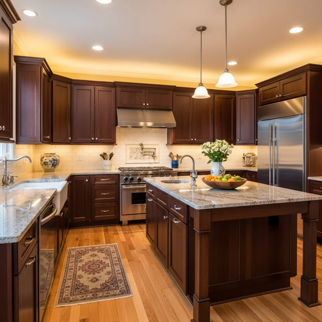  Dark Wood Shaker-Style Cabinets in Traditional Layout