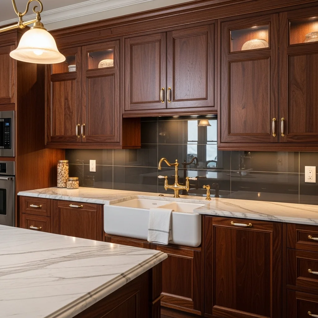  Deep Mahogany Cabinets with Gold Accents