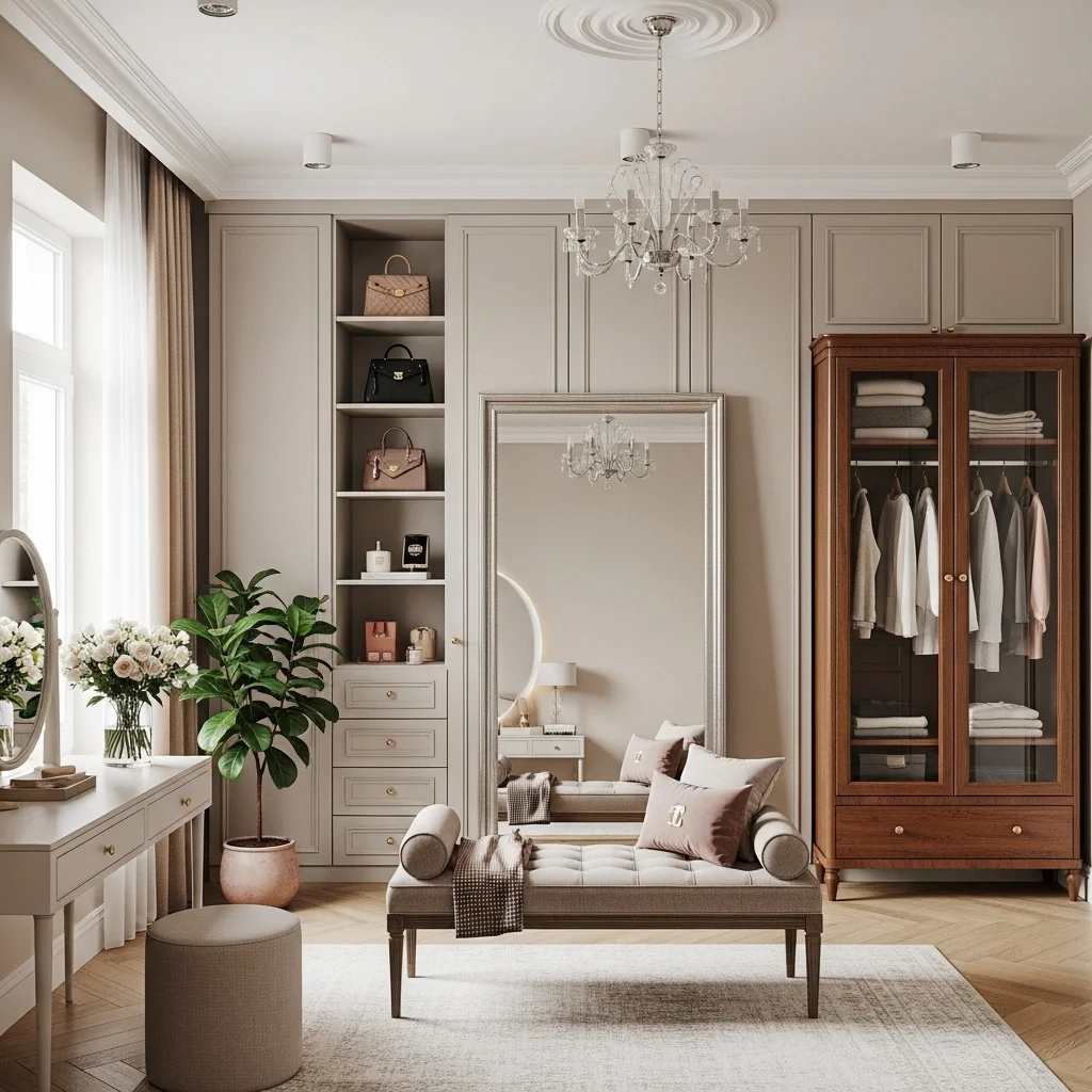 . Dressing Room with a Full-Length Mirror and Seating