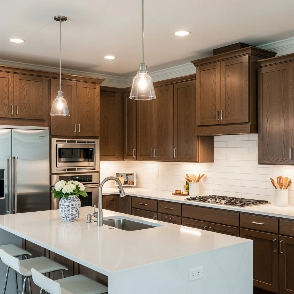 Espresso Stained Oak Cabinets with White Subway Tile