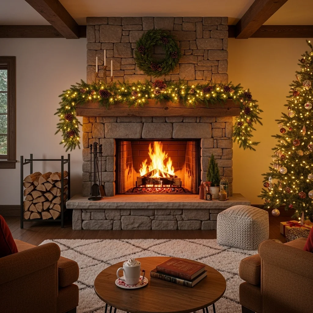 Evergreen Garland with Pinecones and Warm Lighting