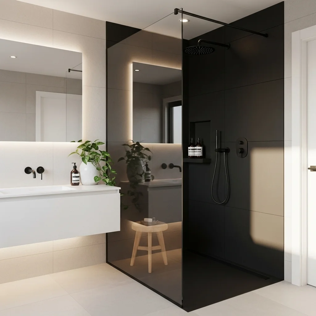 Finish with Black Fixtures and Clear Glass