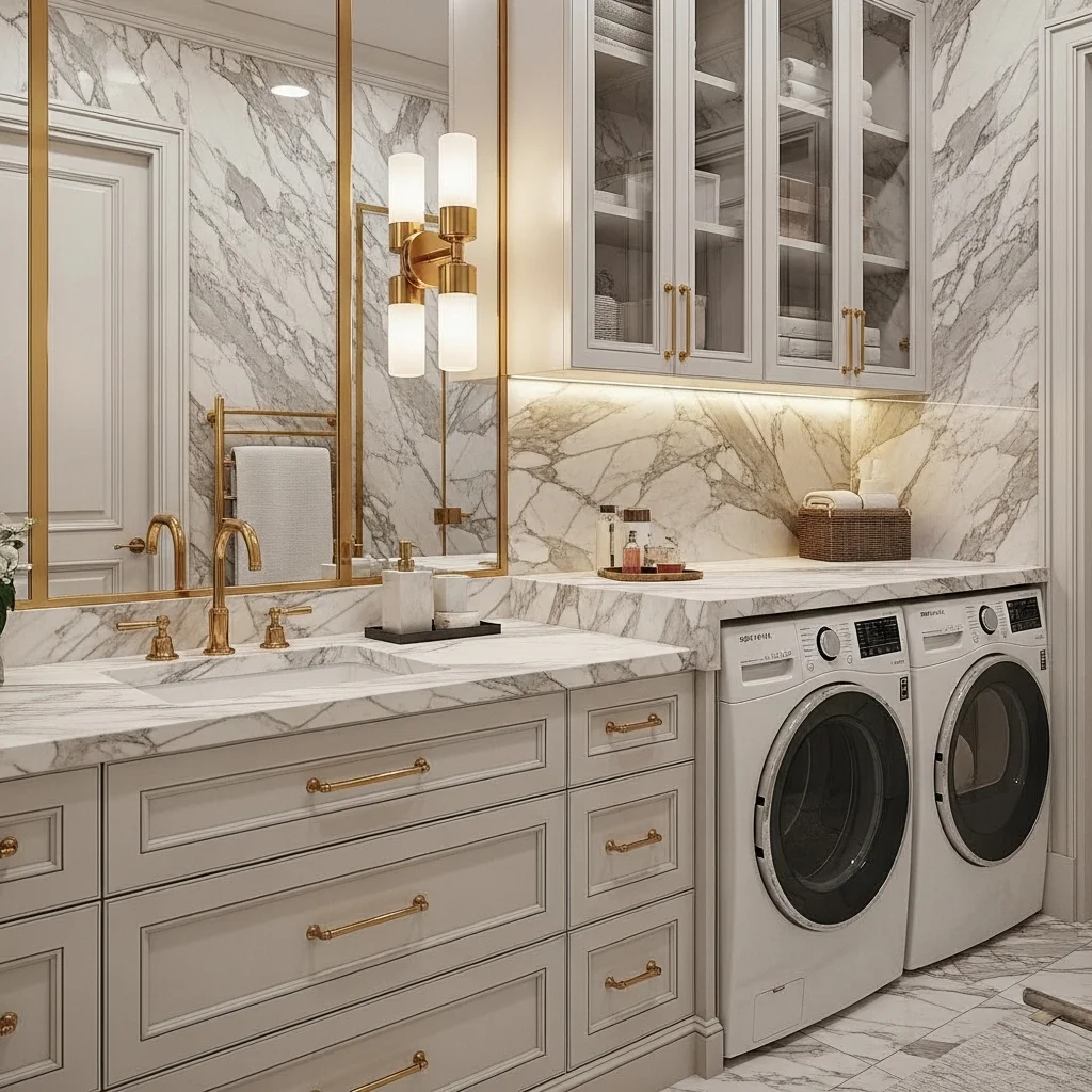  Glam Powder Room-Laundry Combo with Brass and Marble