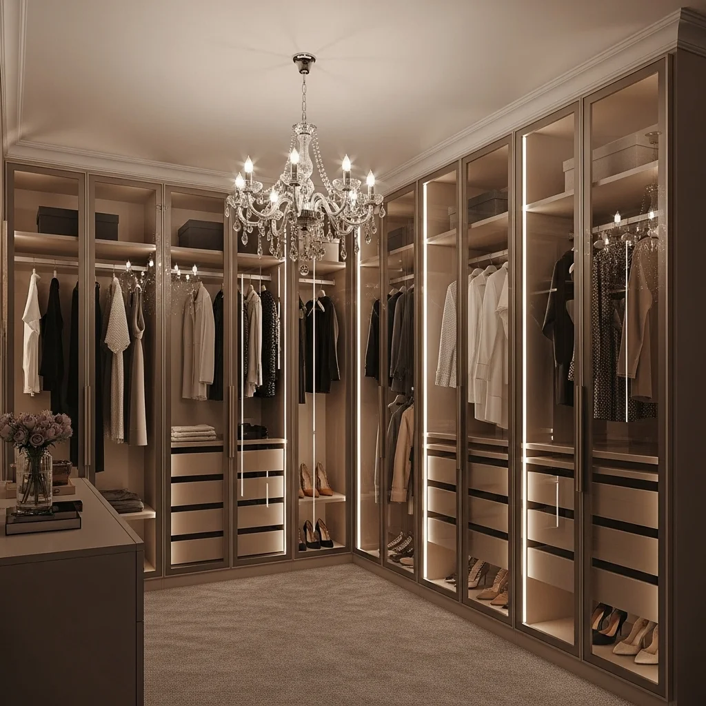 Glamorous Walk-In Closet with Crystal Chandeliers