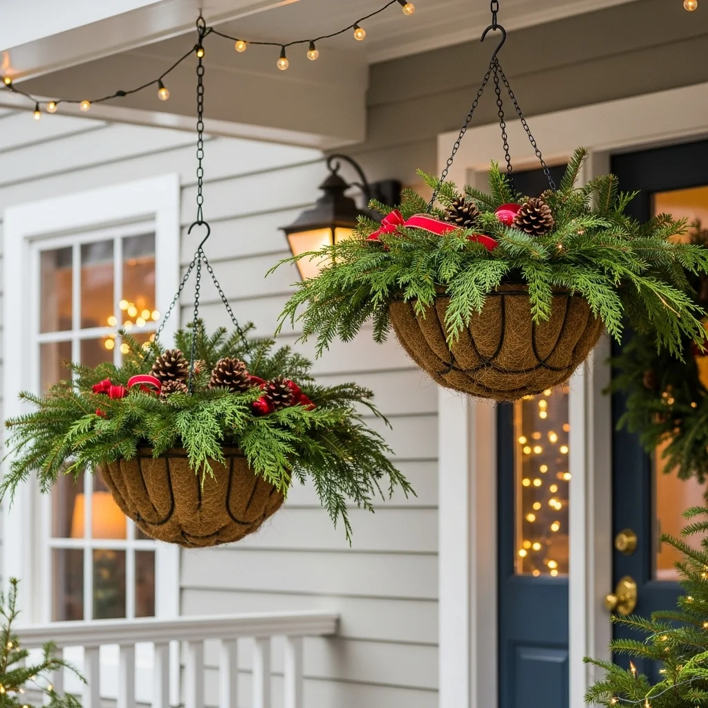 Hanging Baskets with Evergreen Accents