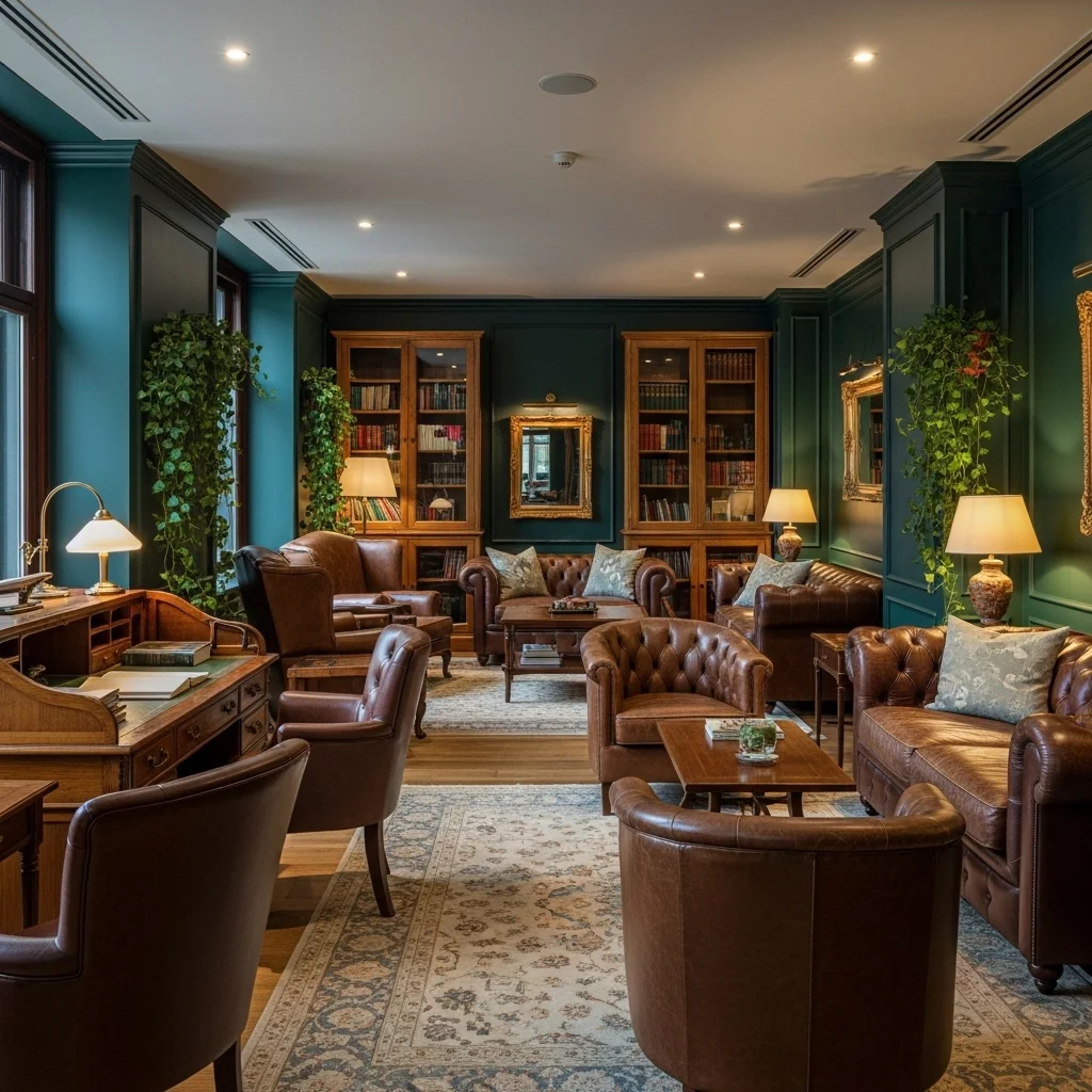 Hunter Green Library Lounge with Leather Details
