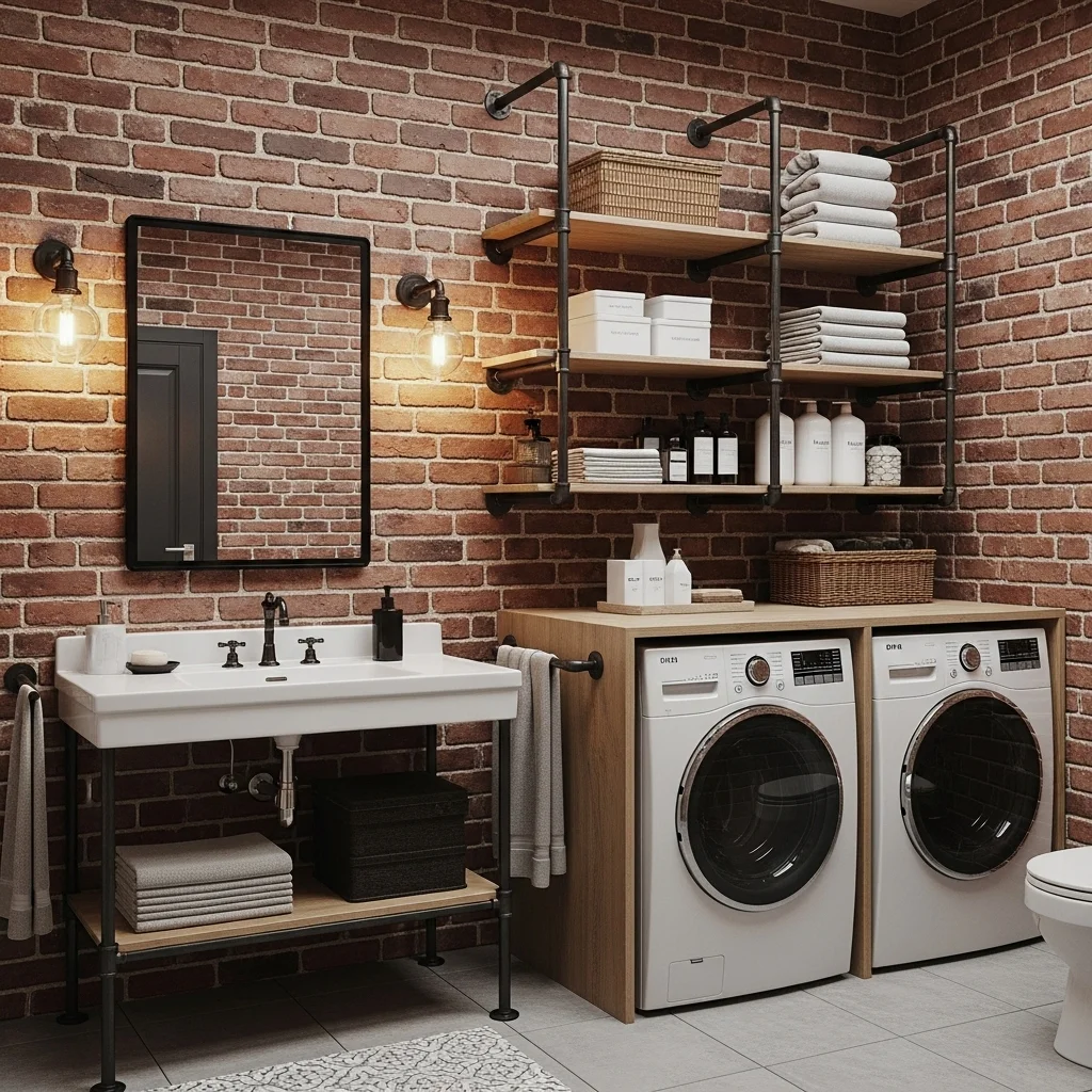  Industrial Loft Combo with Exposed Brick and Pipe Shelving