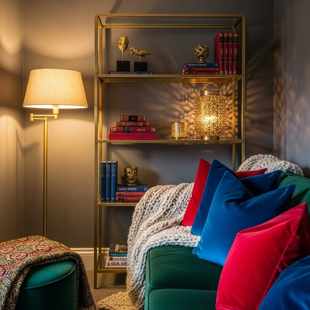 Jewel-Tone Velvet Nook with Brass Hardware