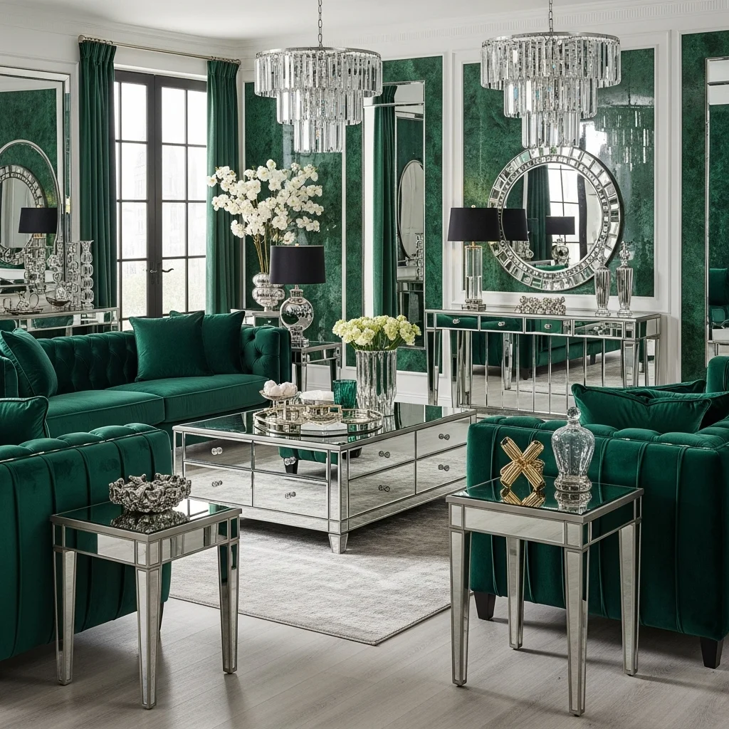 Malachite Green Glam Velvet with Mirrored Furniture