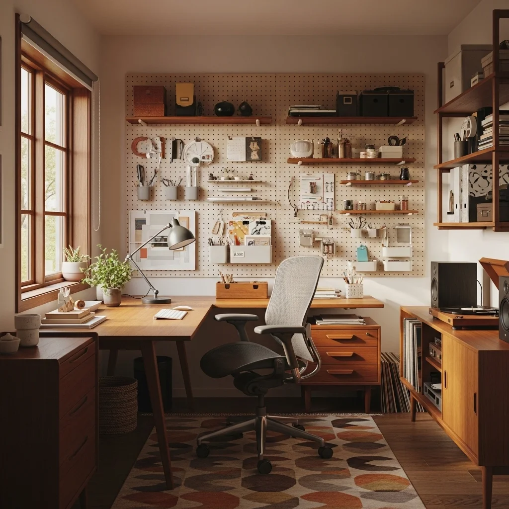 . Mid-Century Pegboard Office with Teak Accents