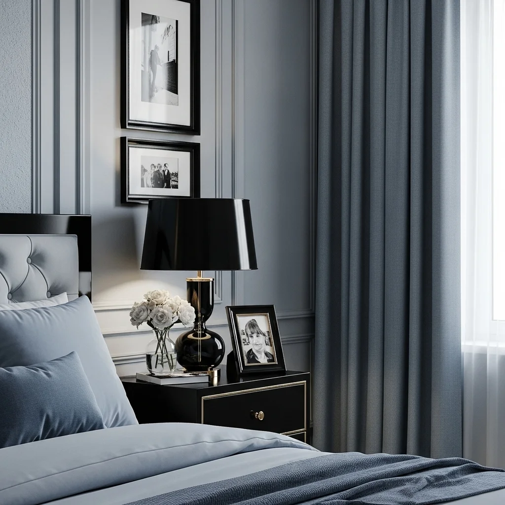  Mix Glossy Black Accents With Soft, Dusty-Blue Fabrics