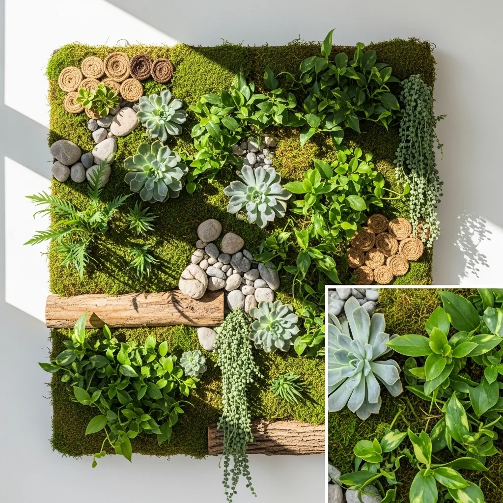 Mixed-Texture Plant Wall with Natural Materials