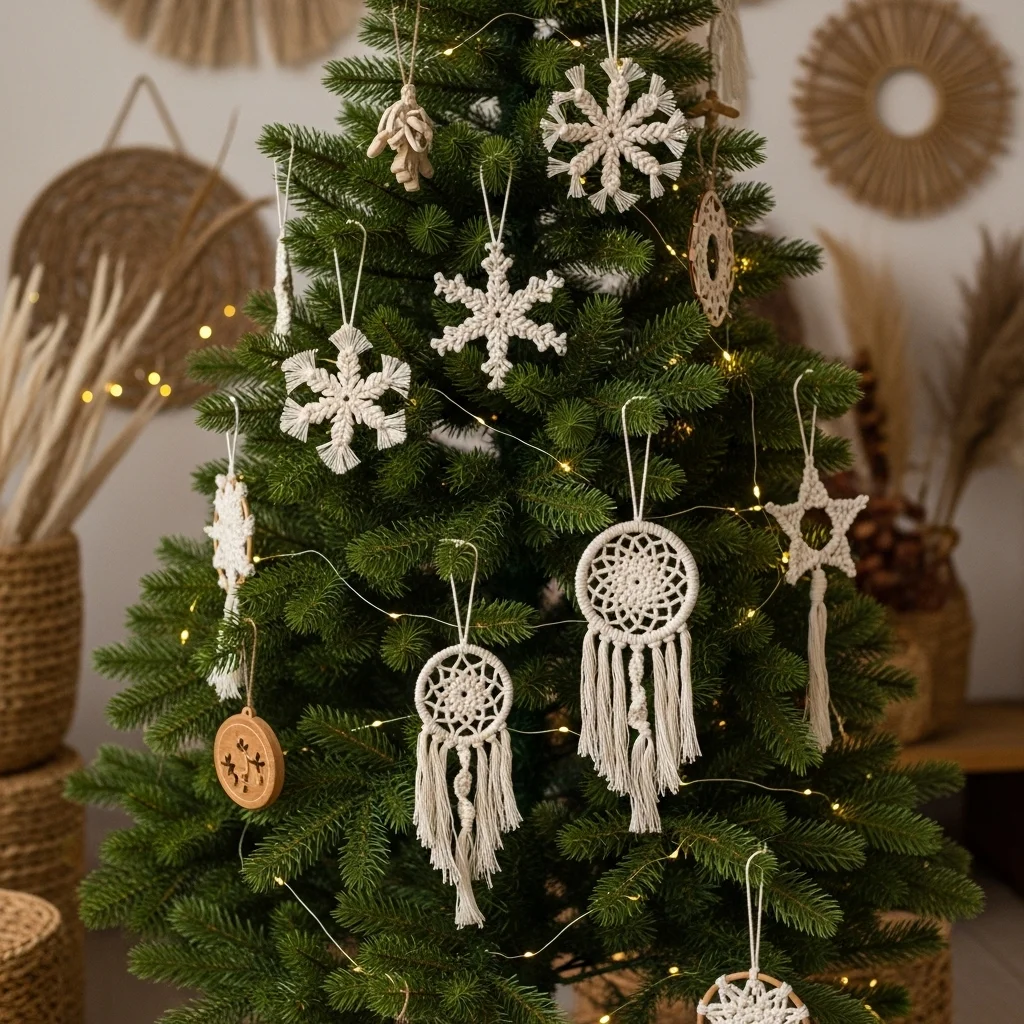  Natural Evergreen Trees with Macramé Ornaments