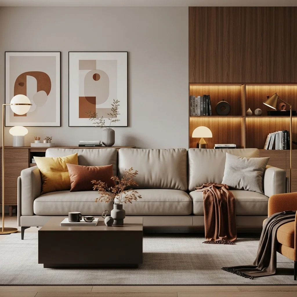 Neutral Leather Sofa with Warm Accents