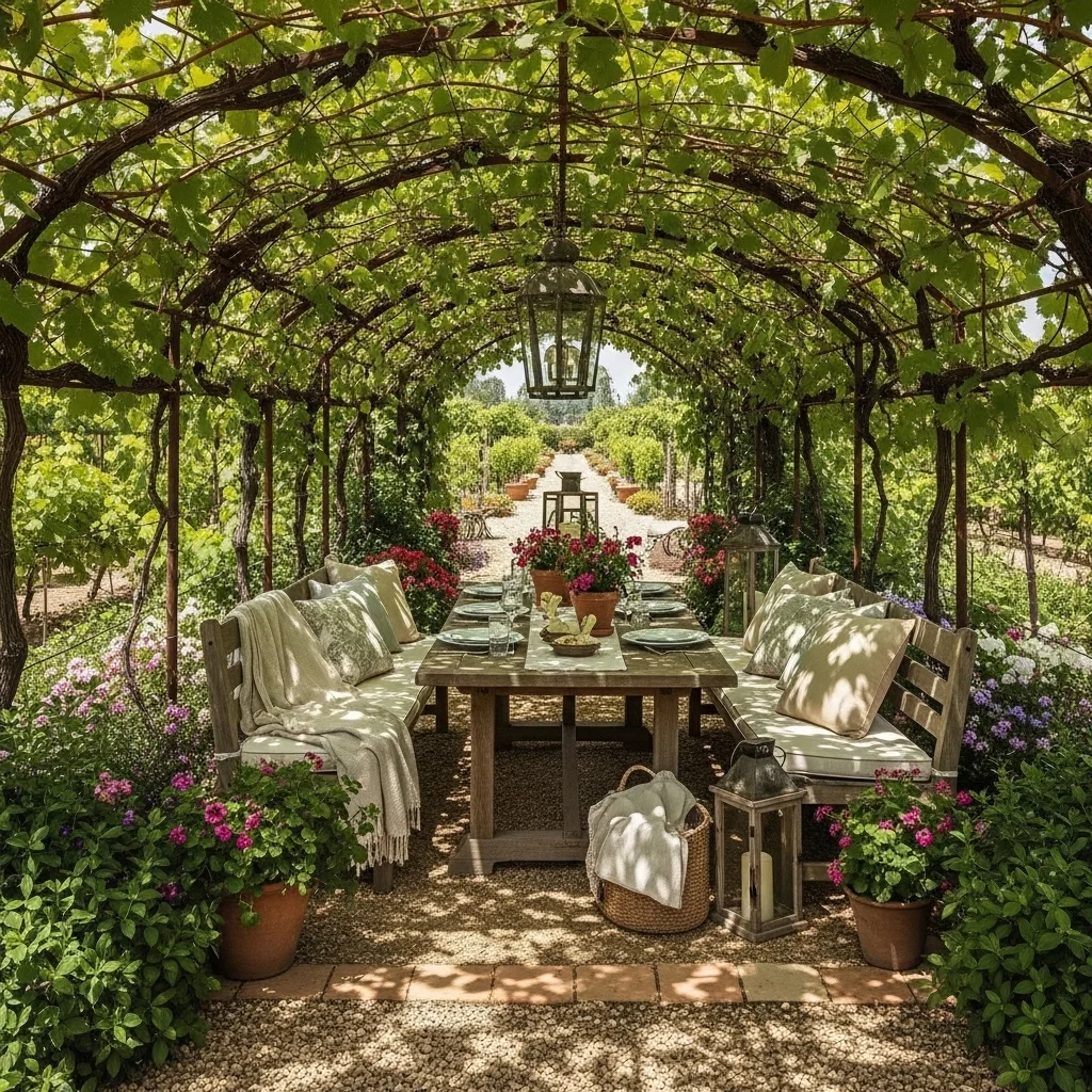 Outdoor Dining with Vine Canopy