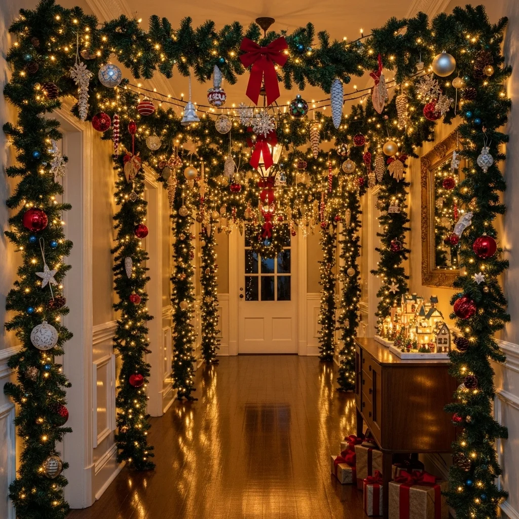 Overhead Garland Canopy with Hanging Ornaments