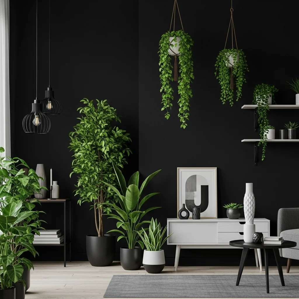 Pair Black Walls With Greenery for Natural Contrast