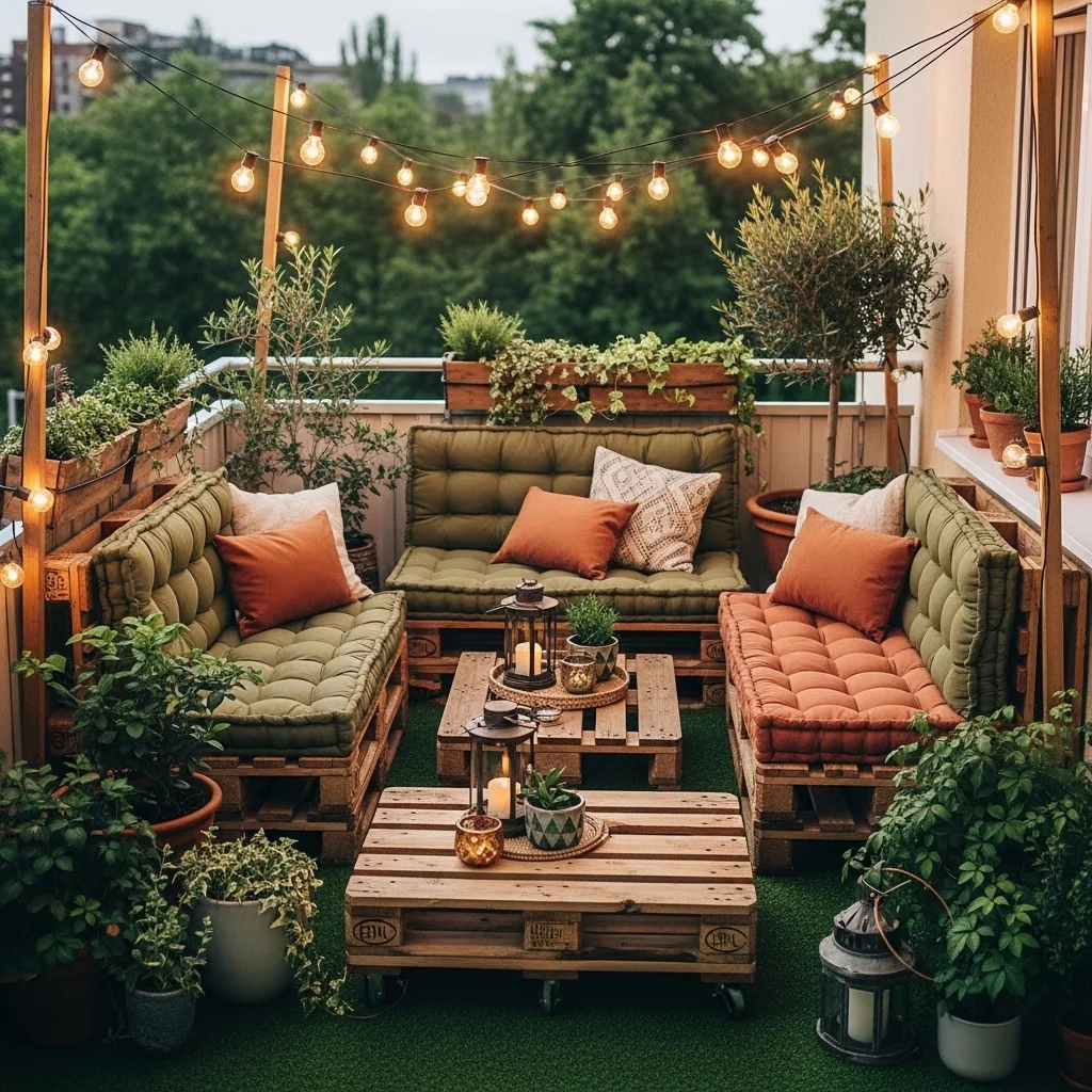Pallet Furniture Lounge with String Light Canopy