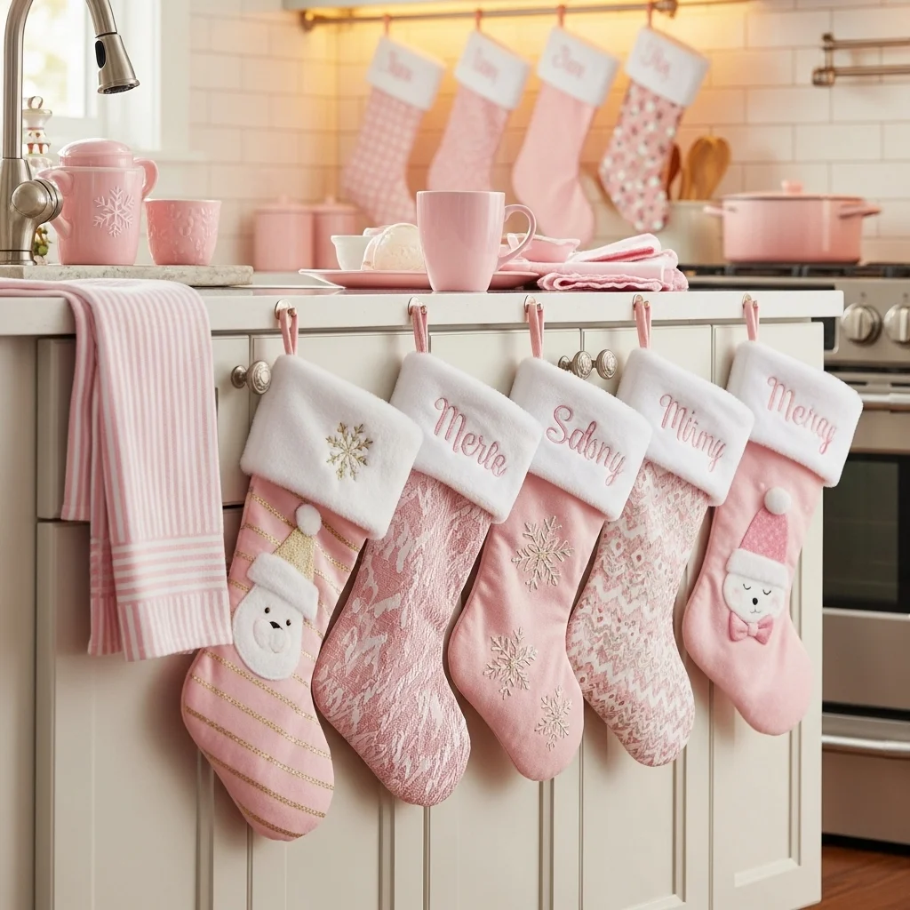 Pink Christmas Stockings for the Kitchen