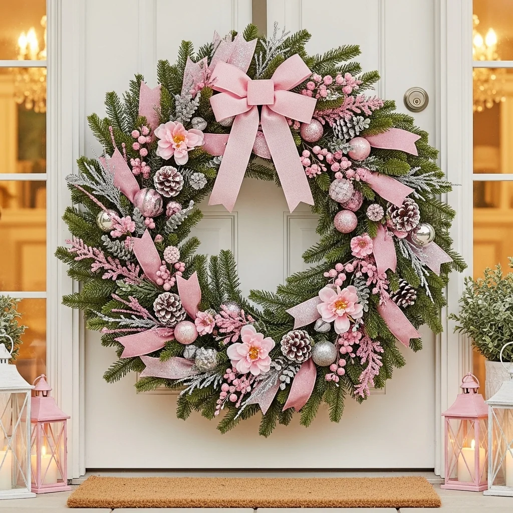Pink Christmas Wreath on the Door