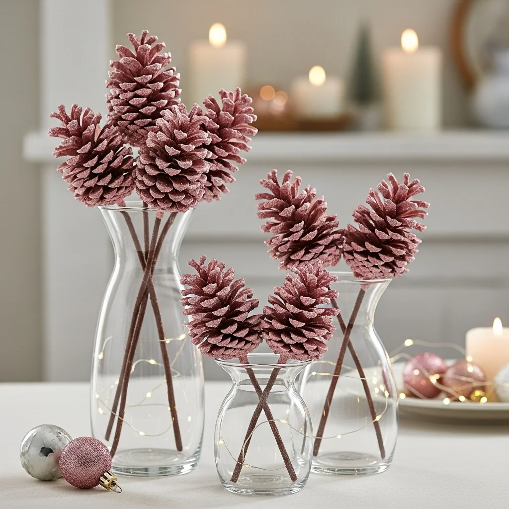 Pink Glittery Pinecones in Clear Vases