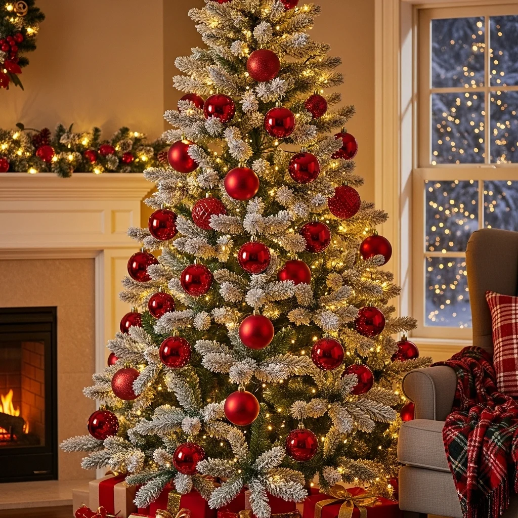 Red Ornaments with White Snow Spray