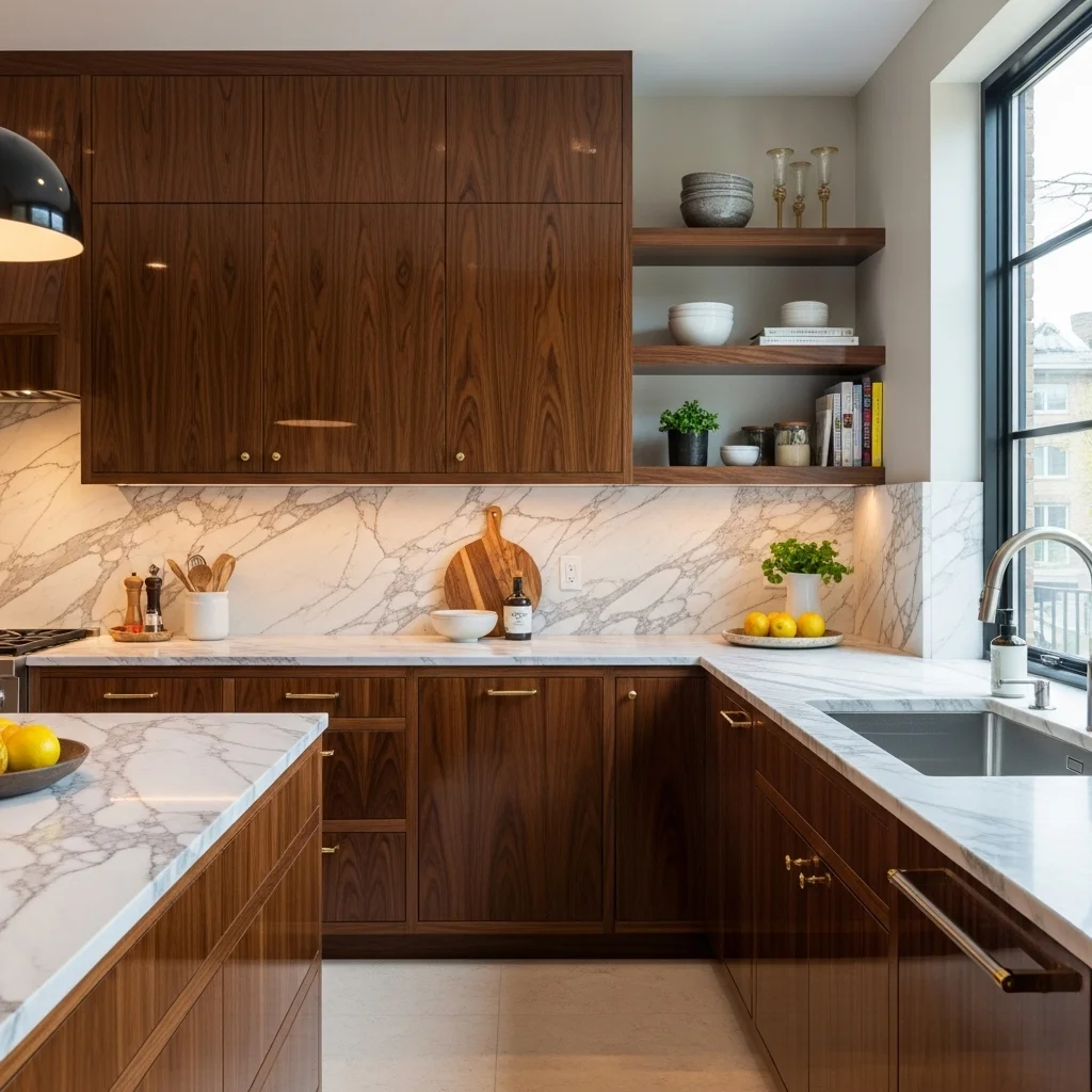  Rich Walnut Cabinets Paired with Marble Countertops