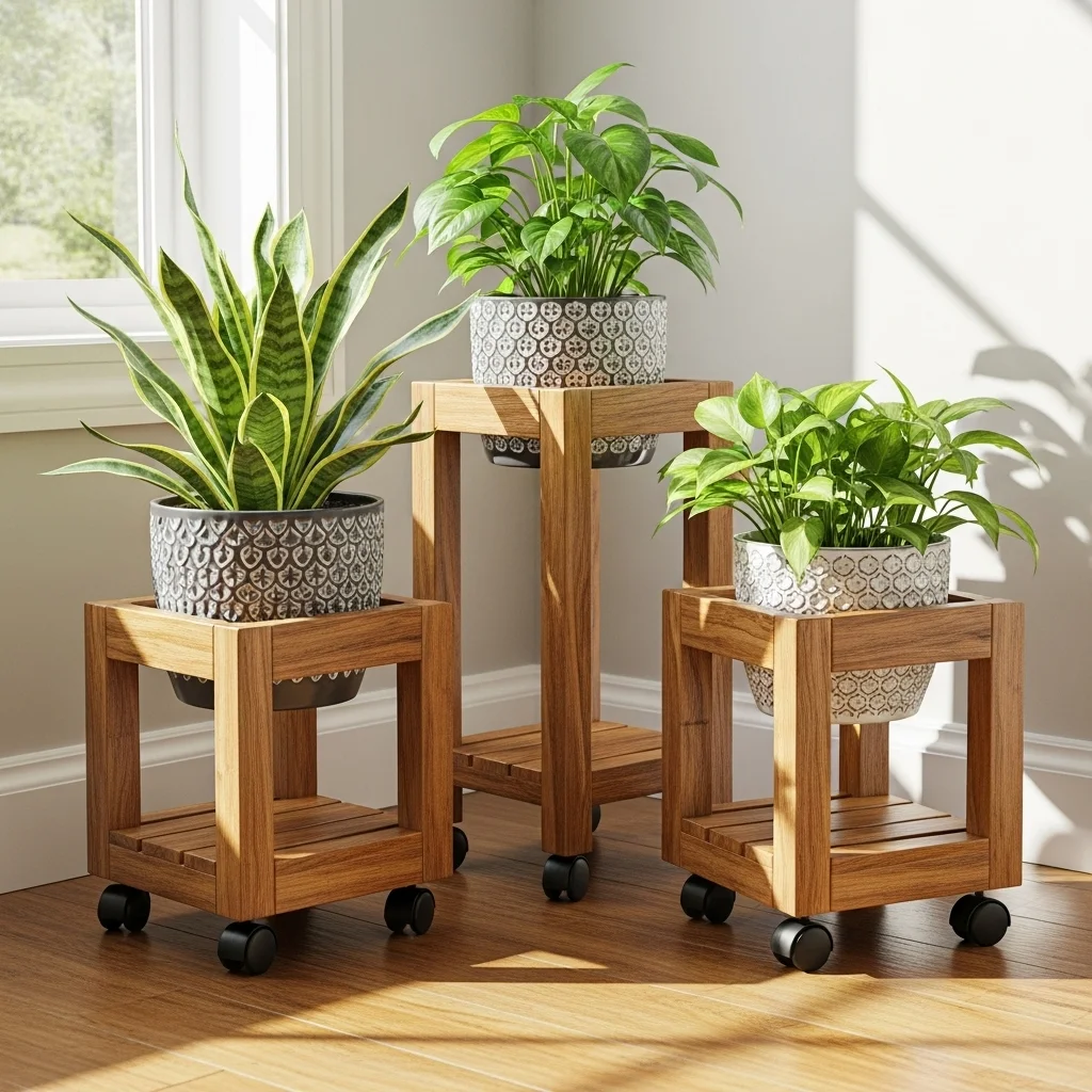 Rolling Wooden Plant Caddy Trio