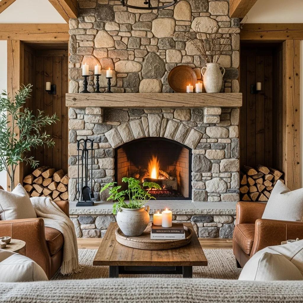 Rustic Fieldstone Fireplace