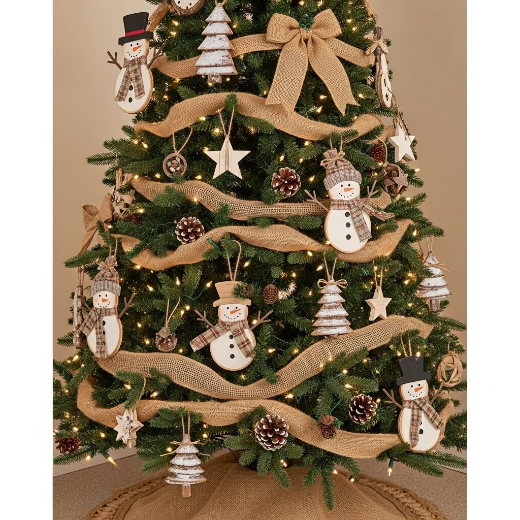 Rustic Snowman Tree with Burlap and Wooden Accents