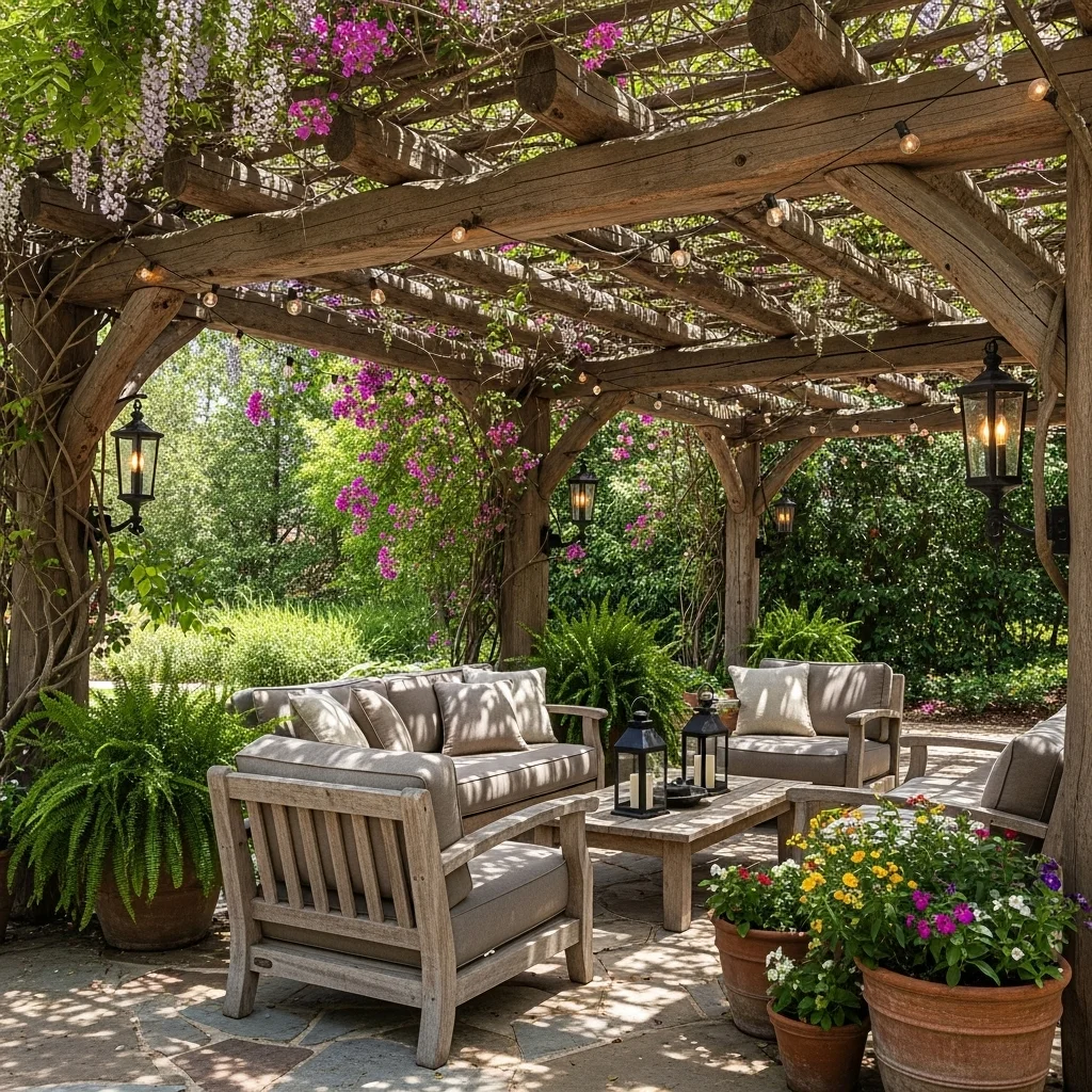Rustic Timber Pergola with Vine Cascade